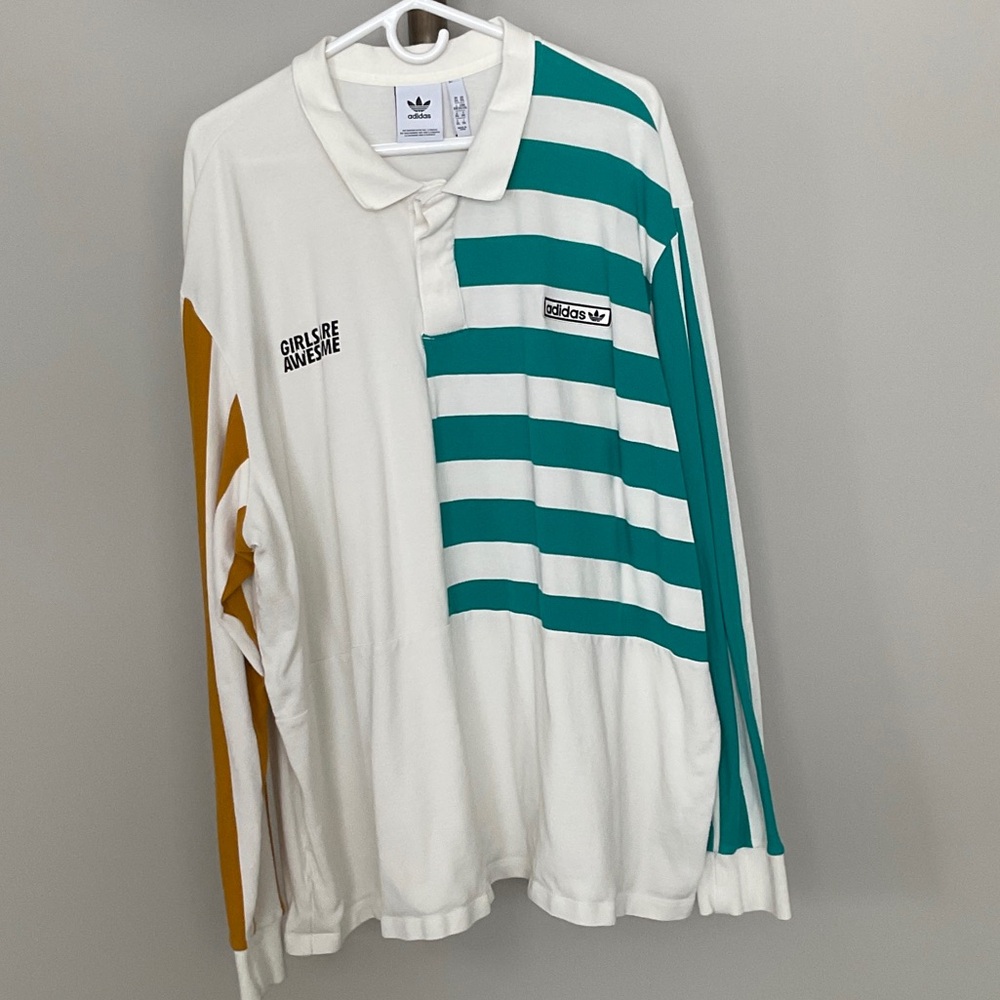 Adidas + Girls Are Awesome collab Men's Teal and White Striped Long Sleeve Shirt